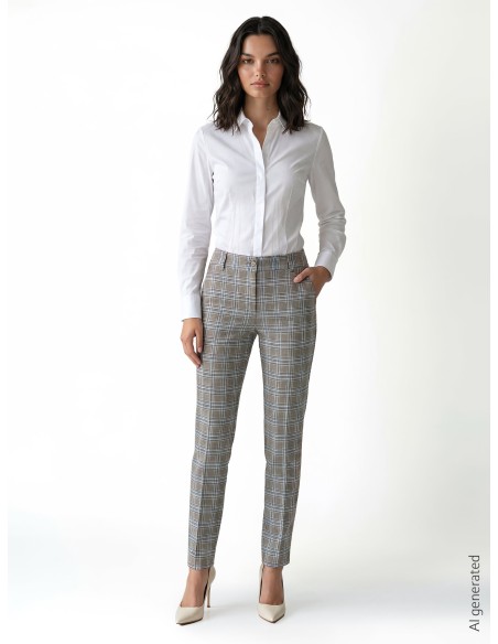 Pantaloni Dritti In Principe Di Galles Con Bottone Coordinato E Tas...