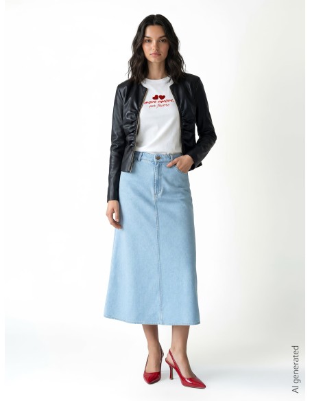 Saia longa em trapézio em denim com lavagem clara Rinascimento