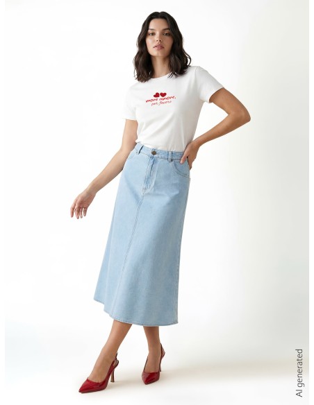 Saia longa em corte trapezoidal em denim com lavagem clara Rinascimento