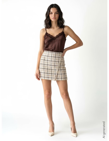 Minissaia trapezoidal em tweed com botão com logótipo RR e detalhe desfiado Rinascimento