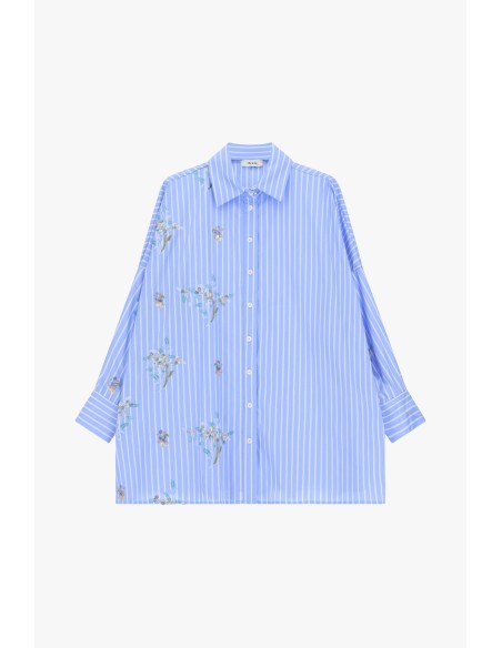 Camisa Oversize Às Riscas Com Bordados Florais Dixie