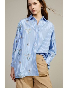 Camisa Oversize Às Riscas Com Bordados Florais Dixie