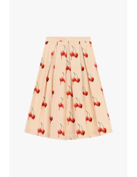 Saia Plissada Estampa de Cerejas Comprimento Médio Dixie