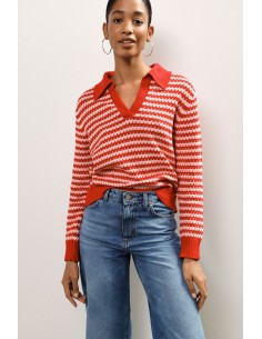 Camisola às riscas com decote em V e detalhes canelados Dixie