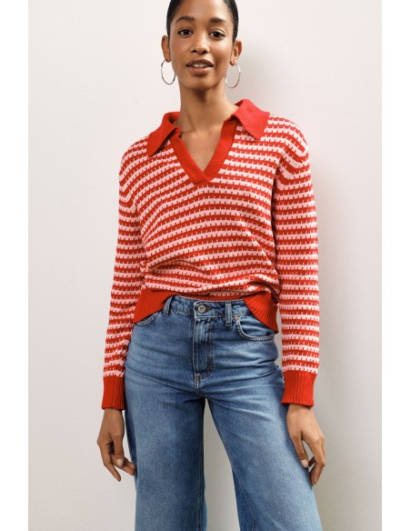 Camisola às riscas com decote em V e detalhes canelados Dixie