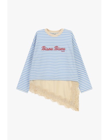 T-shirt às riscas com escrita e inserto em renda Dixie