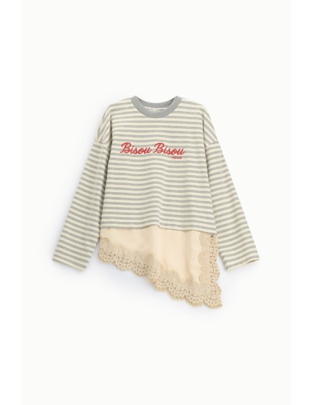T-shirt às riscas com escrita e inserto em renda Dixie