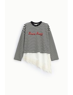 T-Shirt Às Riscas Com Detalhes Assimétricos E Borda Em Renda Dixie