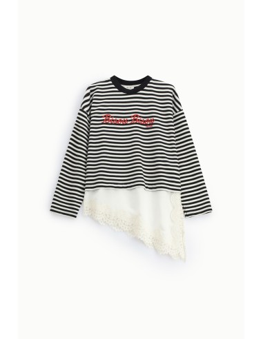 T-Shirt Às Riscas Com Detalhes Assimétricos E Borda Em Renda Dixie