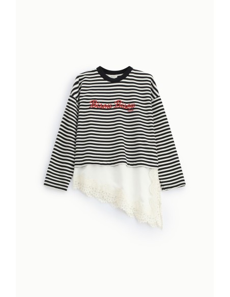 T-Shirt Às Riscas Com Detalhes Assimétricos E Borda Em Renda Dixie