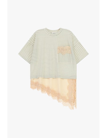 T-Shirt Às Riscas Com Bolso E Borda Em Renda Dixie