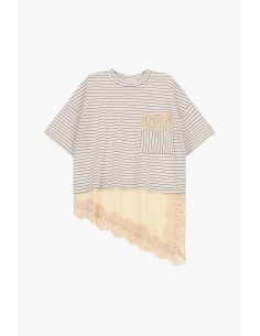 T-Shirt às riscas com bolso e bordo em renda Dixie