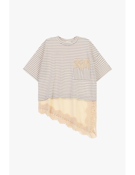 T-Shirt às riscas com bolso e bordo em renda Dixie