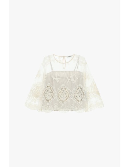 Top Bordado Com Mangas Amplas E Transparências Dixie