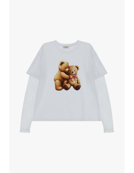T-shirt de manga comprida com ursinhos e mangas em renda Dixie