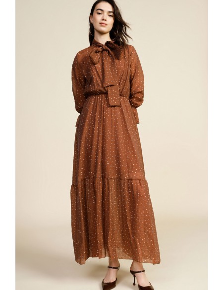 Vestido longo com estampa de micro-poás e laço no decote Dixie