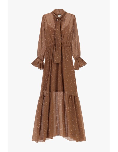 Vestido comprido estampado com micro-poás e laço no decote Dixie