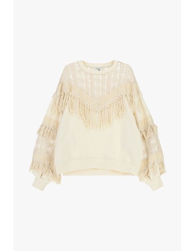 Sweatshirt de Gola Redonda com Inserções Perfuradas e Franjas Dixie