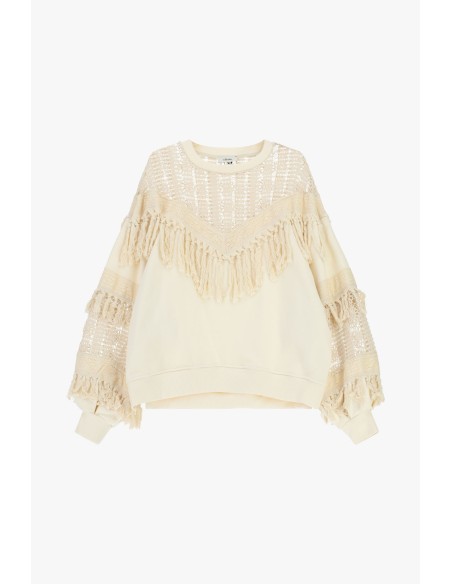 Sweatshirt de Gola Redonda com Inserções Perfuradas e Franjas Dixie