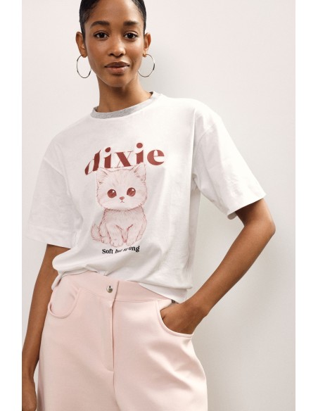 T-shirt de gola redonda com estampado de gatinho e lettering Dixie