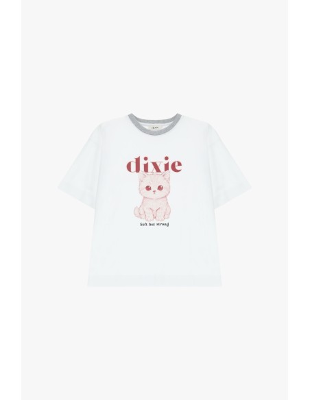 T-shirt de gola redonda com estampado de gatinho e lettering Dixie