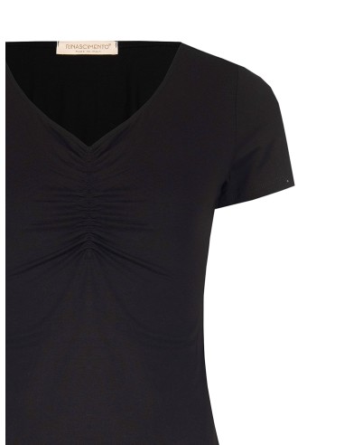 T-shirt justa em mistura de viscose com decote em V franzido Rinascimento