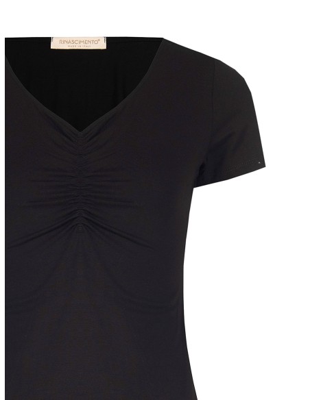 T-shirt justa em mistura de viscose com decote em V franzido Rinascimento