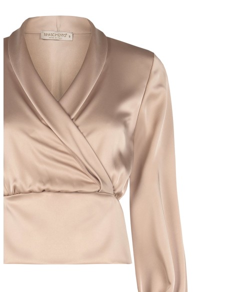 Blusa cinturada em cetim com decote em V cruzado Rinascimento