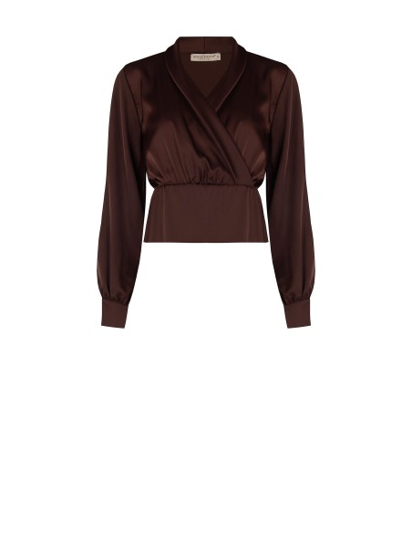 Blusa Acinturada Em Cetim Com Decote Em V Cruzado Rinascimento