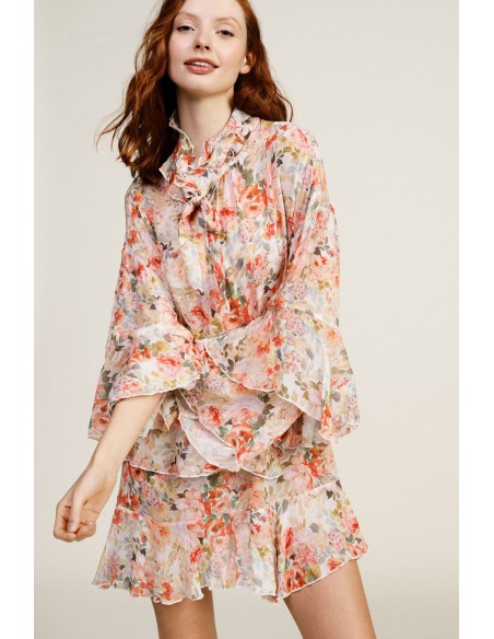 Vestido Curto com Folhos e Estampa Floral Dixie