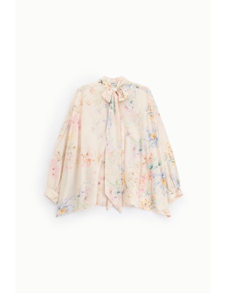 Blusa ampla com laço no decote e estampado floral Dixie