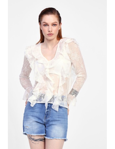 Camisa com folhos e mangas compridas Dixie
