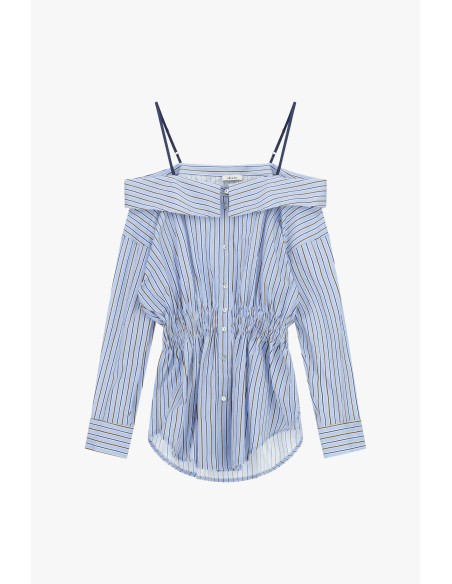 Camisa às riscas com ombros descobertos e franzido Dixie