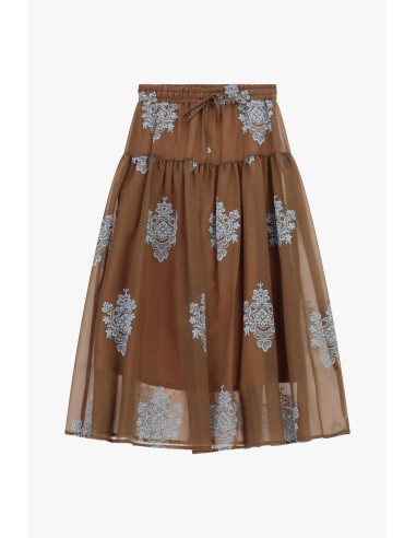 Saia Midi Con Bordado Floral e Cintura Regulável Dixie