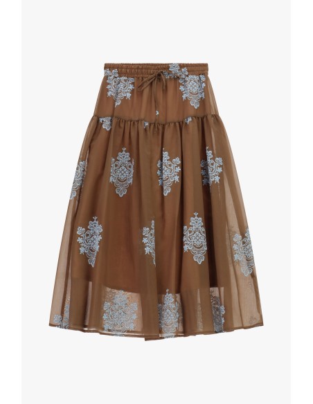 Saia Midi Con Bordado Floral e Cintura Regulável Dixie