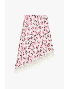 Saia Midi Assimétrica com Estampa Floral e Borda em Renda Dixie