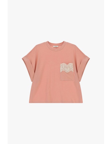 T-Shirt Mangas Curtas Bolso Pequeno E Detalhe Em Renda Dixie