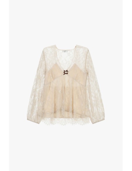 Top em renda com mangas compridas e laço Dixie