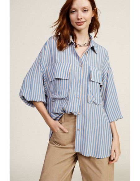 Camisa Oversize às Riscas com Bolsos Frontais Dixie