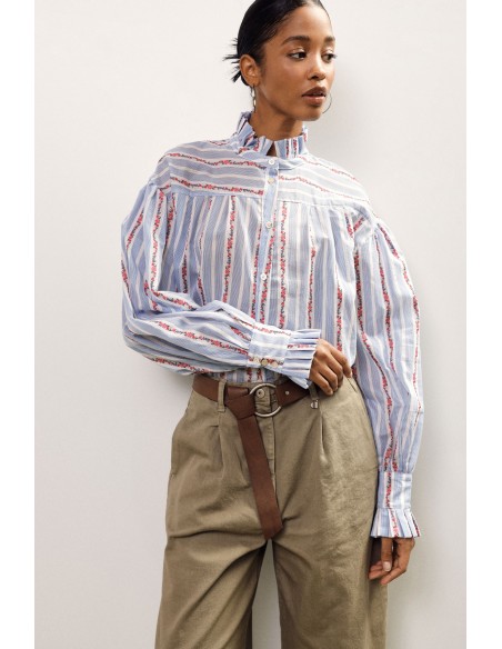 Camisa às riscas com gola franzida e punhos largos Dixie