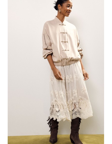 Saia midi plissada com bordado floral Dixie