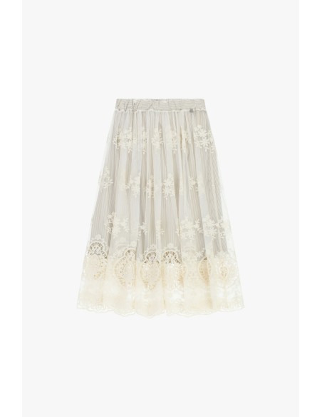 Saia midi plissê com bordado floral Dixie
