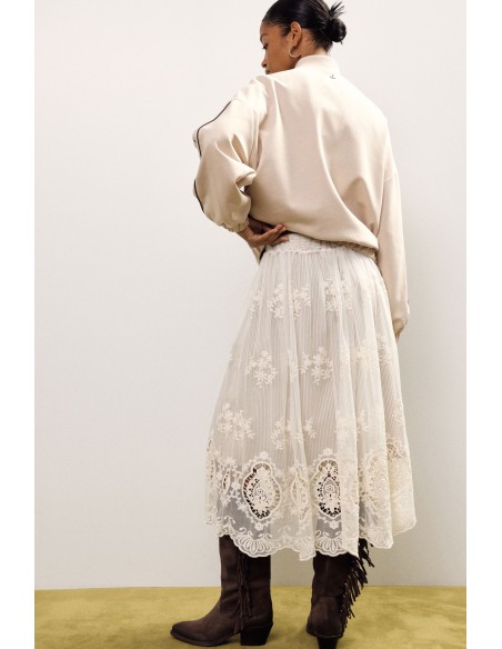 Saia Midi Plissada com Bordado Floral Dixie