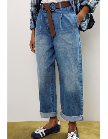 Calças jeans baggy de cintura alta com cinto em tecido Dixie