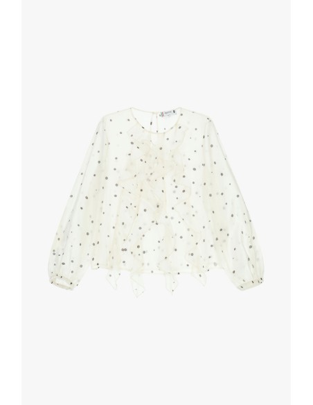 Blusa às Bolinhas com Folhos e Mangas Compridas Please