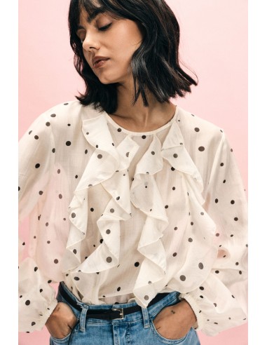 Blusa de bolinhas com folhos e mangas compridas Please