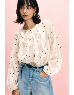 Blusa às bolinhas com folho e mangas compridas Please