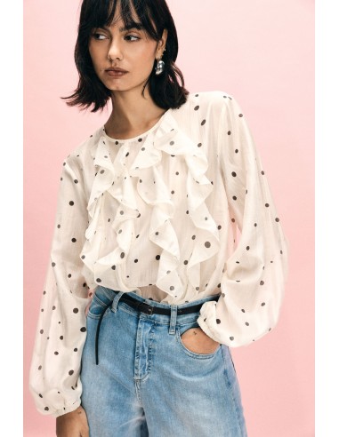 Blusa às bolinhas com folho e mangas compridas Please