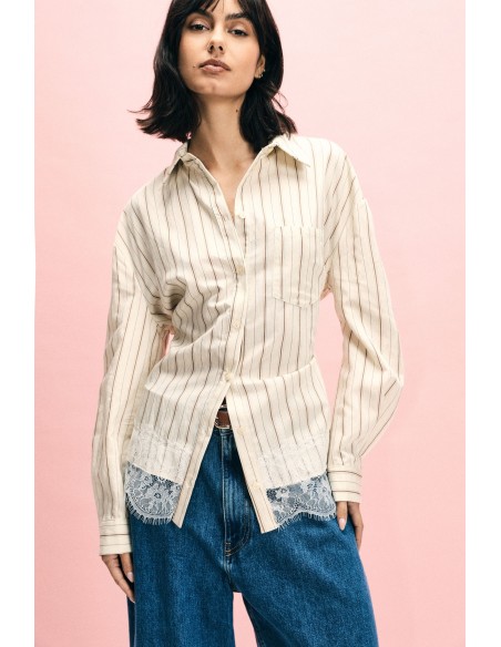 Camisa Às Riscas Com Detalhe De Renda Na Barra Please