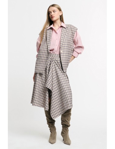 Saia Midi de Cintura Alta com Padrão Xadrez Assimétrico Please